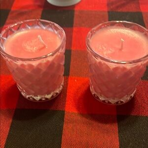 Pink Glass Candle Set Peach scented.